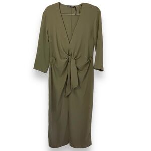 Zara Dress Midi Tie Front Green Sage Khaki V Neck‎ Day Office Size Small